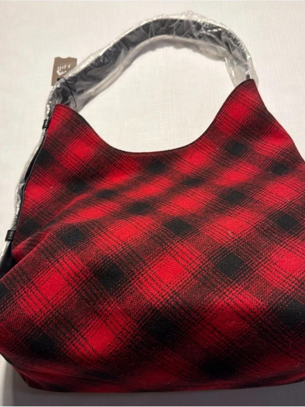 J.JILL Large Red Black Leather Buffalo Plaid Wool Blend Hobo Shoulder Bag New